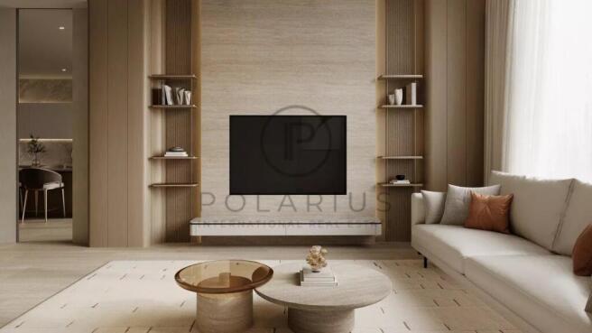 A modern living room with neutral tones, featuring