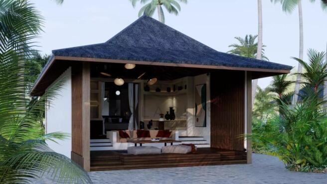 A small, open-fronted tropical hut with a dark, pi