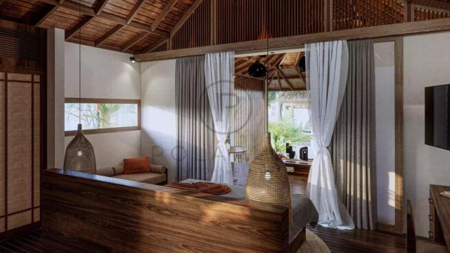 A cozy, open-concept tropical living space with wo