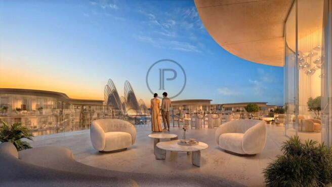 A couple stands on a luxurious, modern terrace ove