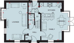 Ground floor plan of the Cornell 4 bedroom home at Somer Meadows