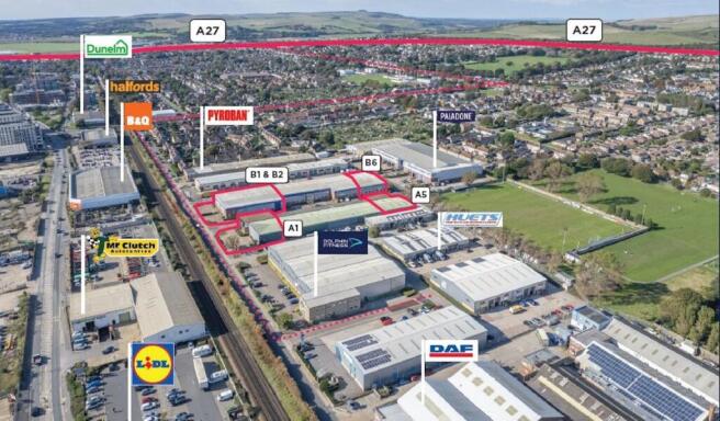 General aerial image with logos for all listings