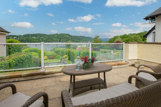 Balcony overlooking the lake and fells