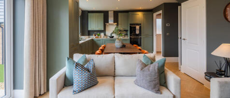 Modern open-plan kitchen and living area with green cabinetry, beige sofa with patterned cushions, a