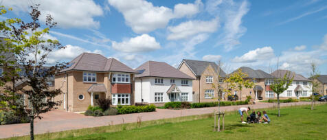 Suburban street with modern detached houses, green lawn, and children playing in a park under a blue