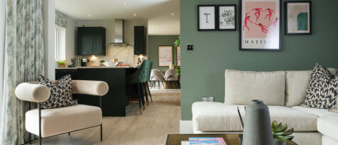 Modern open-plan kitchen and living room with contemporary decor, artworks, and cosy seating, part o