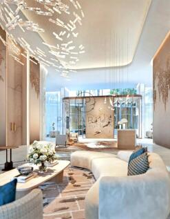 A modern, luxurious living room featuring a curved