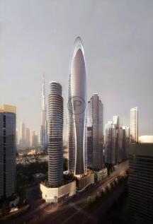 A futuristic skyline featuring a tall, sleek skysc