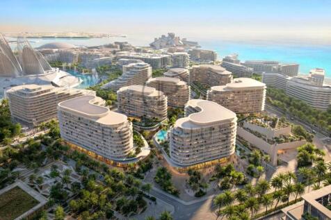 Aerial view of a modern coastal cityscape featurin