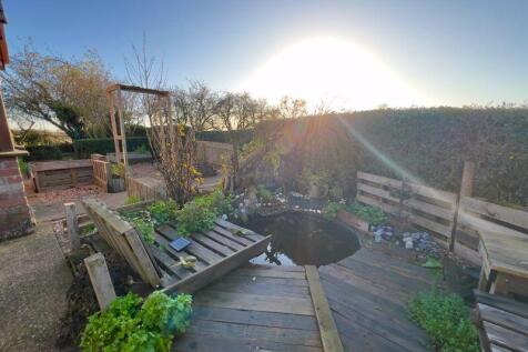 Overview of garden pond, seating area