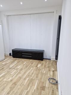 Bright space with modern wood floors and storag...