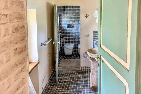 The image shows a bathroom with a green door, text