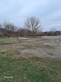 Grassy and dirt land area featuring scattered trees and a cart loaded with hay bales under a cloudy sky.