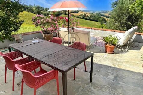 A sunny outdoor patio features a wooden table with