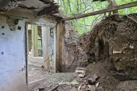 Interior view of a damaged room showing a collapsed wall, exposed earth, and green vegetation visible through openings.