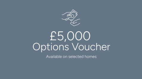 The image displays a £5,000 Options Voucher available on selected homes