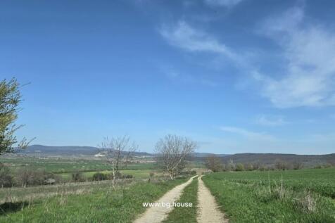 A dirt road runs through green fields with scattered trees and hills visible in the distance under a blue sky with some clouds.