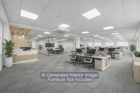 Words3 + Modern open-office workspace with meeti