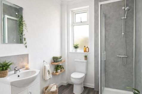 Bright modern bathroom with a walk-in shower, w...