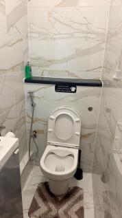 Elegant marble-effect tiling in a modern WC...