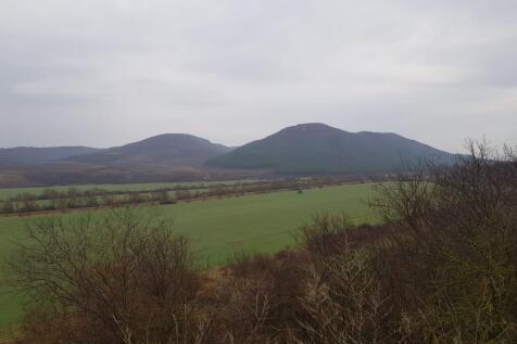 Landscape view featuring green fields and hills with scattered trees in the foreground.