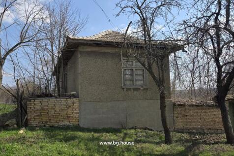 Side perspective of the house showing a tiled roof, a window, and a brick fence with leafless trees around.