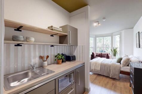 Modern studio kitchen with stylish open shelvin...