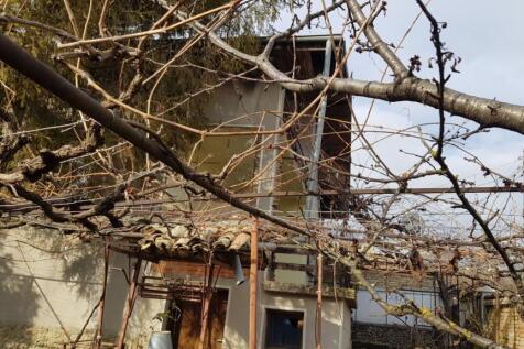 Exterior view of the house showing attic windows and bare vine branches in the foreground.