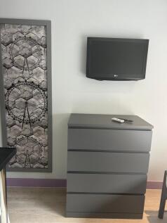 Contemporary bedroom corner with a sleek grey c...