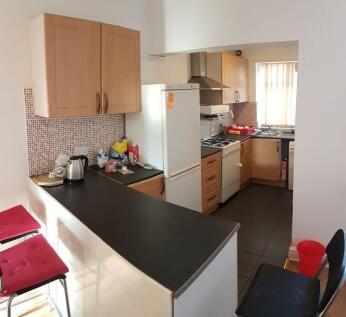Modern galley-style kitchen with light wood cab...