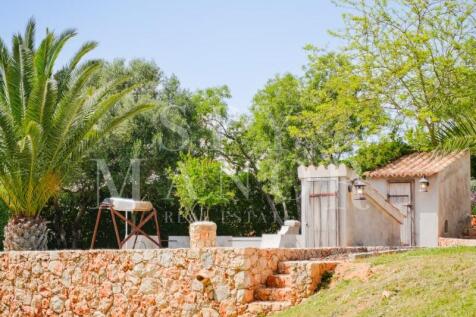 Elevated stone terrace and garden wall with rustic wooden gates and mature palm trees at a luxury estate in Estômbar Algarve.