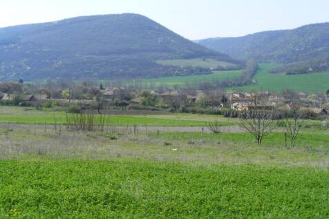 Green field leading to village houses with hills in the background under a clear sky.