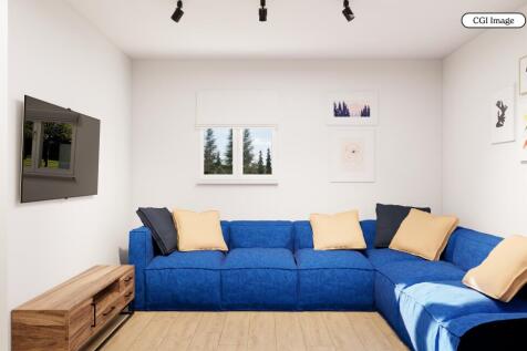 Bright modern lounge with blue corner sofa...