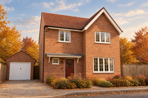 A two-story red brick house with a detached garage and autumn foliage stands under a cloudy sky.