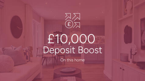 A modern living room and kitchen are shown with a graphic overlay advertising a "£10