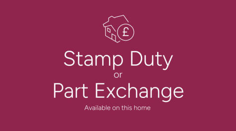 A house icon with a pound sign is centered above the text "Stamp Duty or Part Exchange" on a deep pi