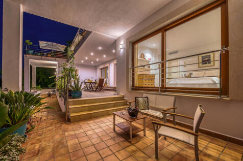 Covered terrace at night