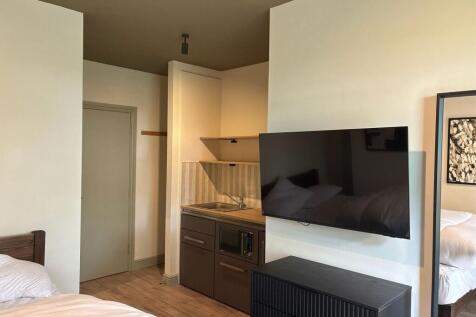 Modern studio with sleek kitchenette and large ...