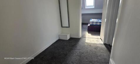 Bright hallway with plush dark carpet...