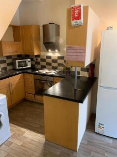 Modern galley-style kitchen with light wood cab...