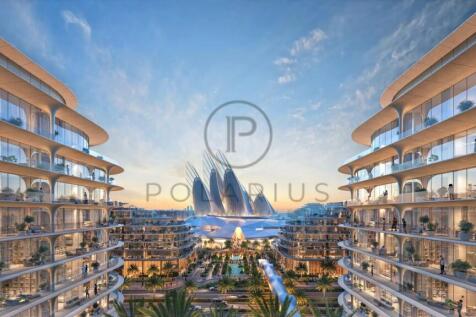 Two modern buildings frame a waterfront view, feat