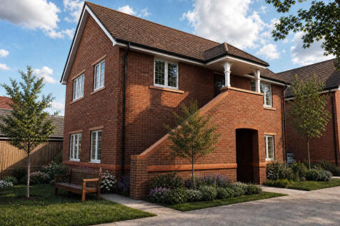 A modern brick house with a porch and a bench in the foreground sits under a cloudy blue sky.