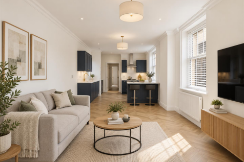 Elegant living room with navy kitchen.png