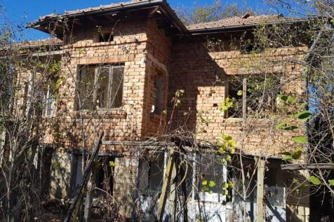 Front view of the two-story brick house with tiled roof, partially covered by leafless trees and bushes