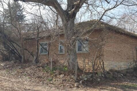 Exterior view of a brick house with a stone foundation and leafless trees in front