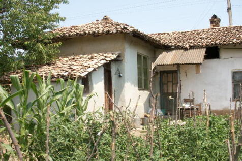 Side perspective of the village house featuring a tiled roof, windows, wooden door, and a garden with tall plants and wooden fencing.