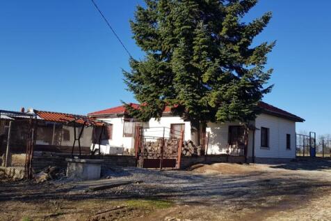 Exterior view of a white rural house with a red roof and a large evergreen tree in front, set against a clear blue sky.