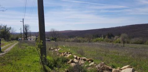 A dirt road runs alongside a grassy field bordered by a stone wall and utility pole, with trees and hills in the distance.
