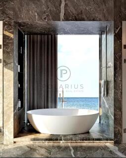 Luxurious marble bathroom with a freestanding bath