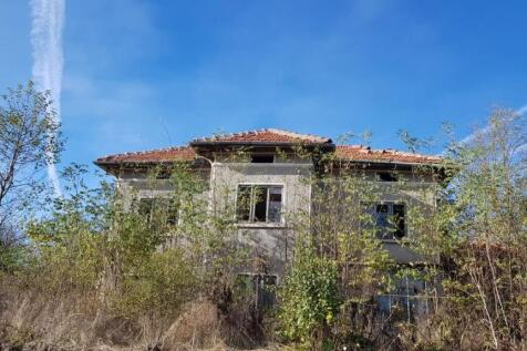 View of the two-storey Bulgarian house with a tiled roof partially obscured by dense bushes and trees in the garden.